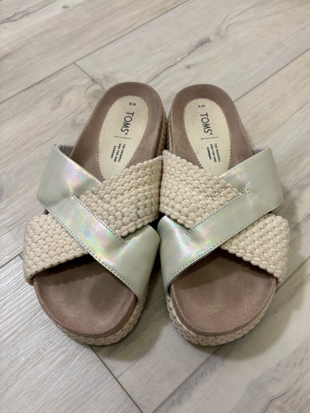 TOMS Women's Paloma Cream Woven Slide Sandals with Iridescent Straps